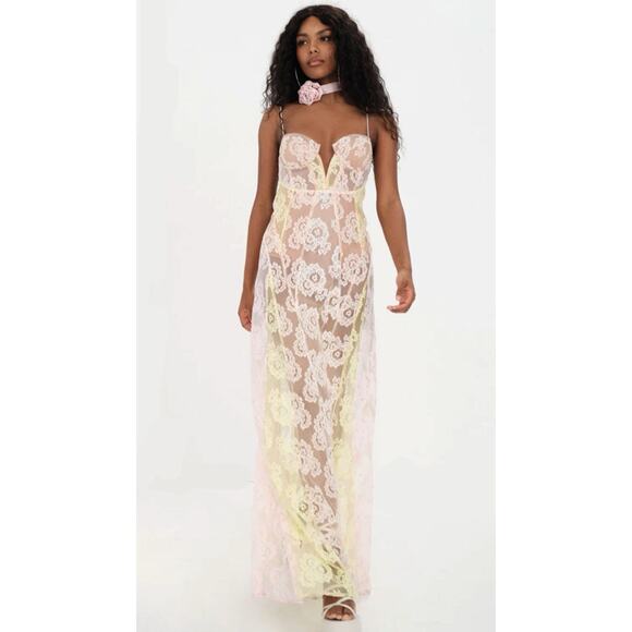 slim fit dress slacks Sheer mesh long sleeve crewneck maxi dress main image 1
